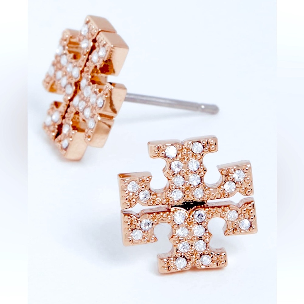 Tory Burch rose gold kira pavé logo stud earrings